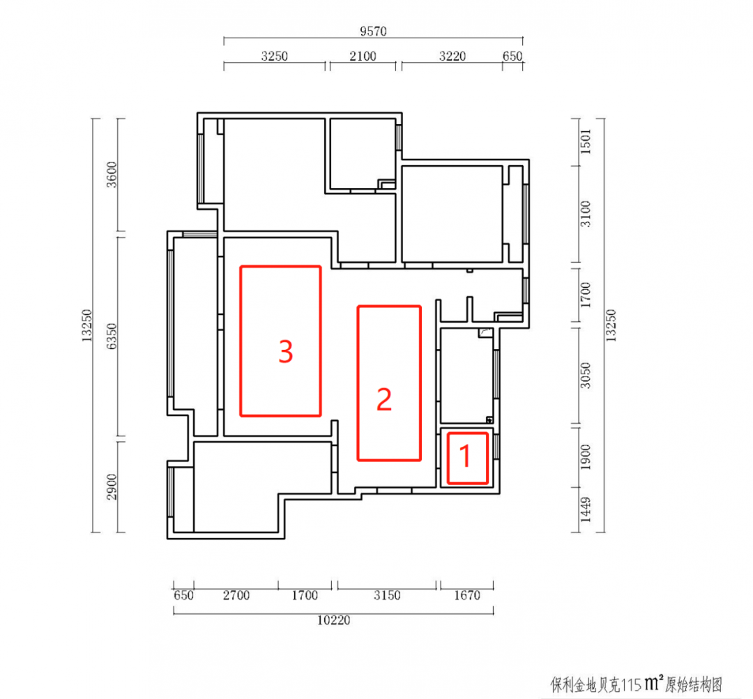 熊皓宇_紅牛設(shè)計(jì)--保利金地貝克115㎡（三房）現(xiàn)代風(fēng)格03戶型分析_原始結(jié)構(gòu)圖