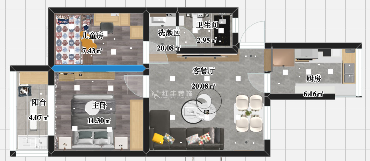 張智猿｜銀龍花園1期35-301-60㎡-現(xiàn)代簡(jiǎn)約風(fēng)格｜2室1廳1衛(wèi)｜老房裝修｜定制家￥120000｜全包10萬(wàn)｜00_03彩平圖