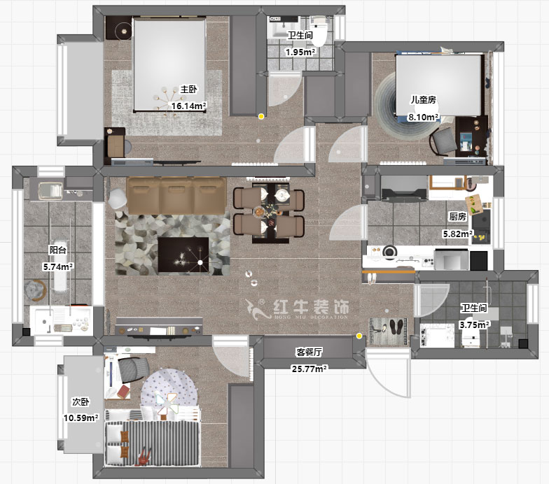 劉萍萍｜中南山錦花城10-1-802-97㎡-簡約風格｜3室2廳2衛(wèi)｜老房裝修｜定制家￥132780｜全包14萬｜00_03彩平圖