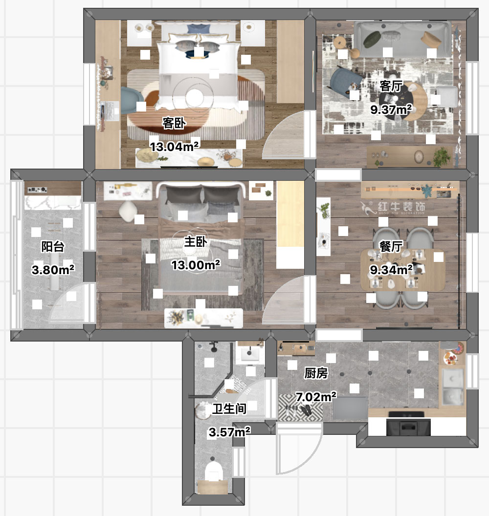 顧娟｜鼓樓街3號3-506-70㎡-北歐風格｜3室2廳1衛(wèi)｜舊房裝修｜定制家￥110000｜全包12萬｜00_04平面彩圖