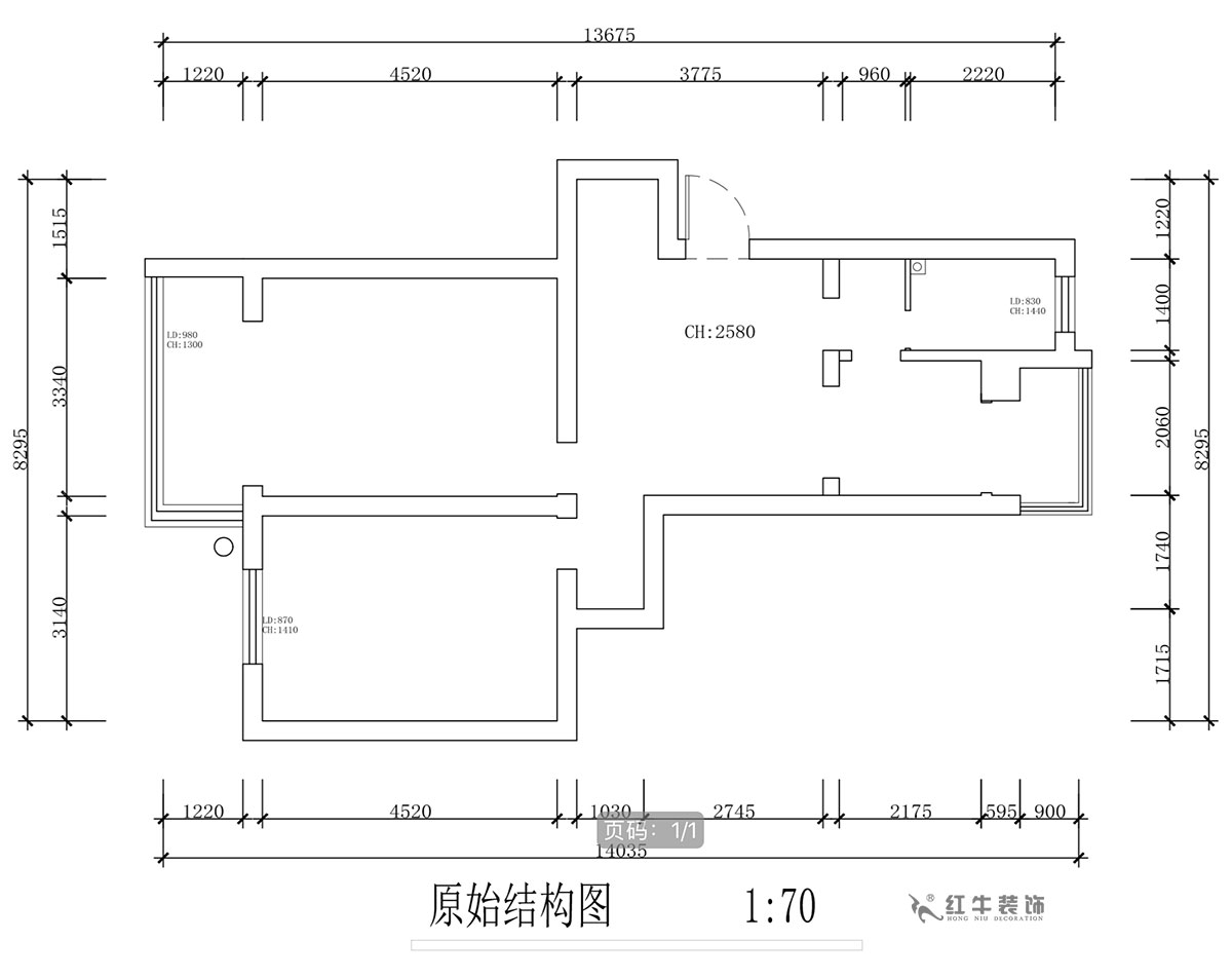 蔣琛｜安泰村21-401-80㎡-現(xiàn)代簡約風格｜2室1廳1衛(wèi)｜舊房裝修｜定制家￥126767｜全包12萬｜00_01原始結(jié)構(gòu)圖
