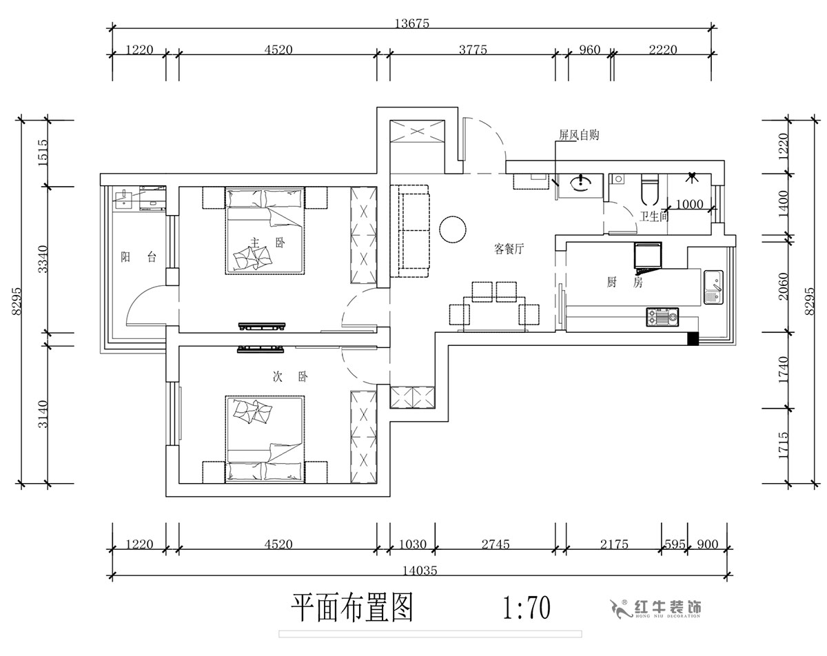 蔣?。蔡┐?1-401-80㎡-現(xiàn)代簡約風格｜2室1廳1衛(wèi)｜舊房裝修｜定制家￥126767｜全包12萬｜00_02平面布置圖