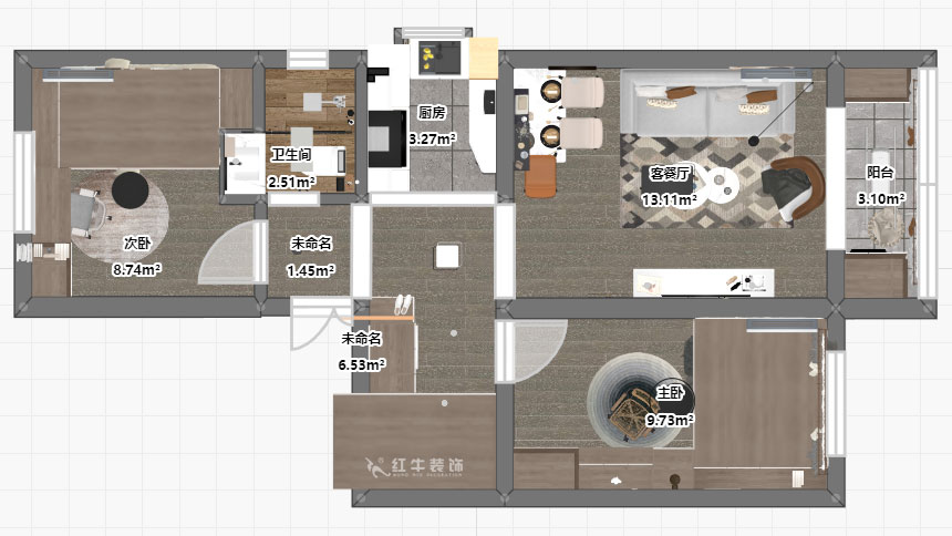 孟憲濤｜張府園小區(qū)20號(hào)202室-70㎡-簡(jiǎn)約風(fēng)格｜2室1廳1衛(wèi)｜老房裝修｜定制家￥95000｜全包12萬(wàn)｜00_03平面彩圖