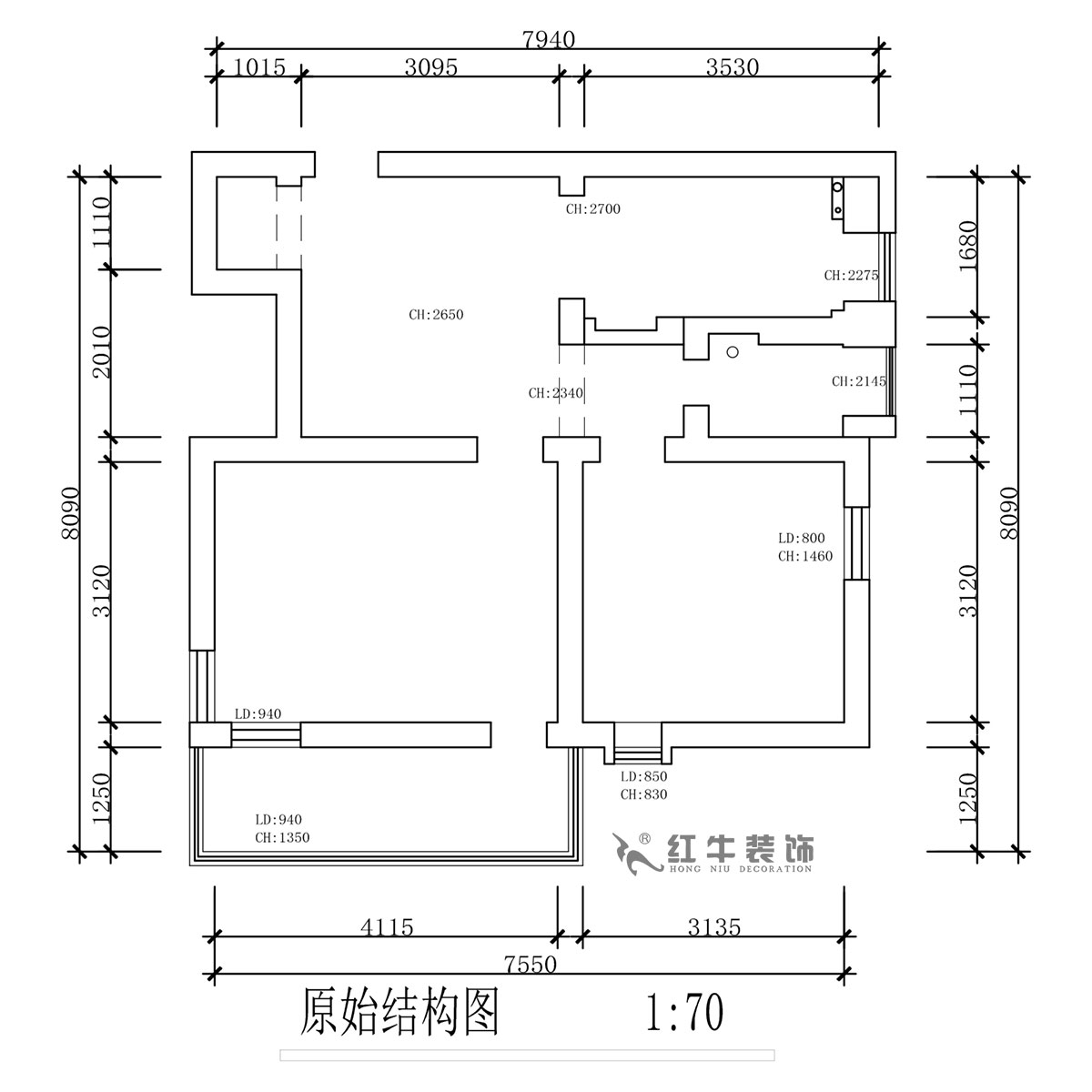 蔣?。珗@路44號(hào)小區(qū)3-204-60㎡-現(xiàn)代簡(jiǎn)約風(fēng)格｜2室1廳1衛(wèi)｜舊房裝修｜定制家｜全包10萬｜00_01原始結(jié)構(gòu)圖