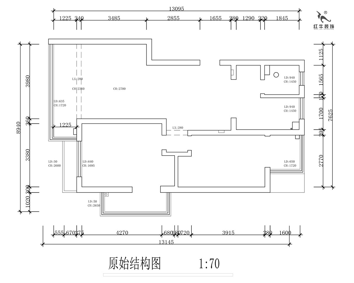 蔣?。霄沃腥A廣場(chǎng)11-601-110㎡-現(xiàn)代簡(jiǎn)約風(fēng)格｜2室2廳1衛(wèi)｜舊房裝修｜定制家￥140400｜全包15萬｜00_01原始結(jié)構(gòu)圖