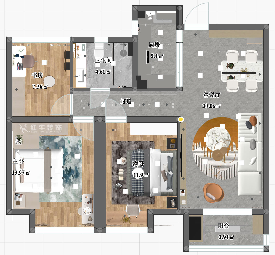張智猿｜紫峰公館1-2棟1006-88㎡-現(xiàn)代風格｜3室1廳1衛(wèi)｜老房裝修｜定制家￥122000｜全包11萬｜00_03平面彩圖