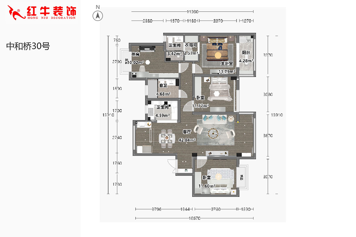 陸利民｜中和橋30號(hào)29-1403-137㎡-美式風(fēng)格｜4室2廳3衛(wèi)｜新房裝修｜半包￥94990｜半包9