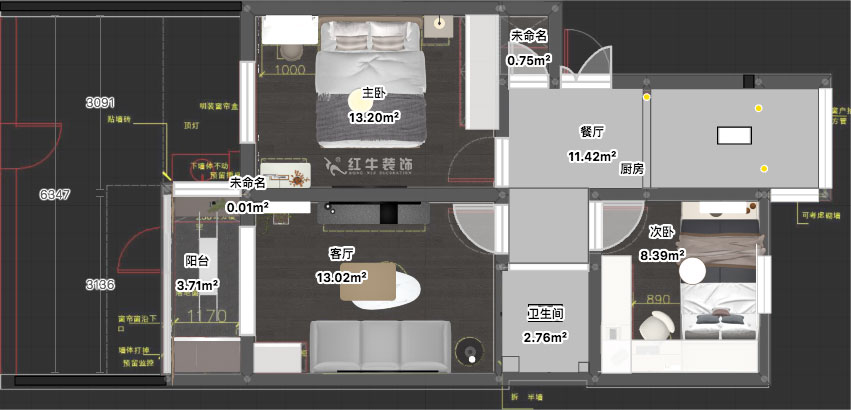 蔣琛｜安德里30號玻纖院小區(qū)14-103-65㎡-現(xiàn)代簡約風(fēng)格｜3室1廳1衛(wèi)｜老房裝修｜定制家｜全包10萬｜00_03平面彩圖