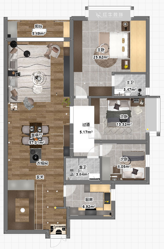 吳波｜京隆名爵府3-1107-165㎡-現(xiàn)代風格｜3室2廳2衛(wèi)｜新房裝修｜定制家｜全包21萬｜00_04平面彩圖