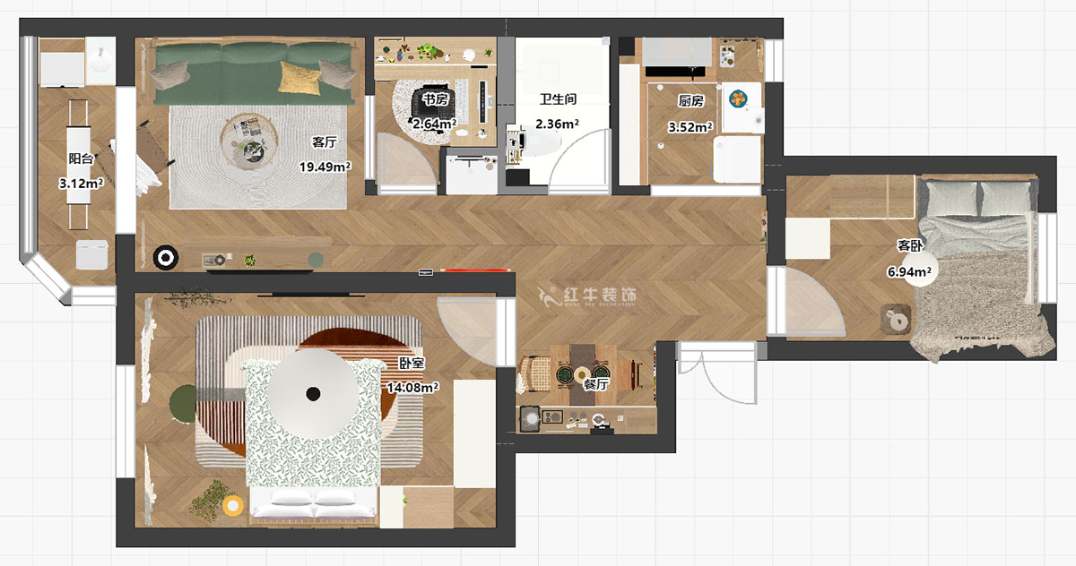 朱明琪｜評事街137號3-402-71㎡-原木風(fēng)格｜3室2廳1衛(wèi)｜老房改造｜定制家｜全包11萬｜00_03平面彩圖