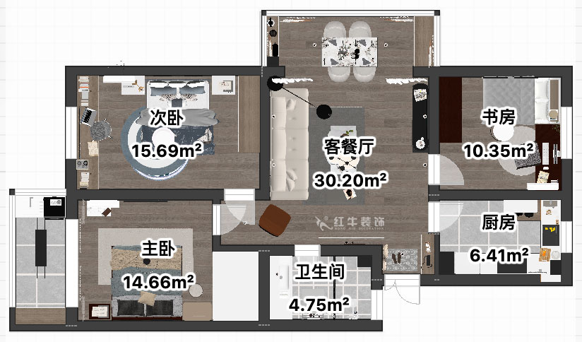 吳波｜宏鷹花園2-601-103㎡-現(xiàn)代簡約風格｜3室2廳1衛(wèi)｜舊房裝修｜定制家｜全包13萬｜00_04平面彩圖