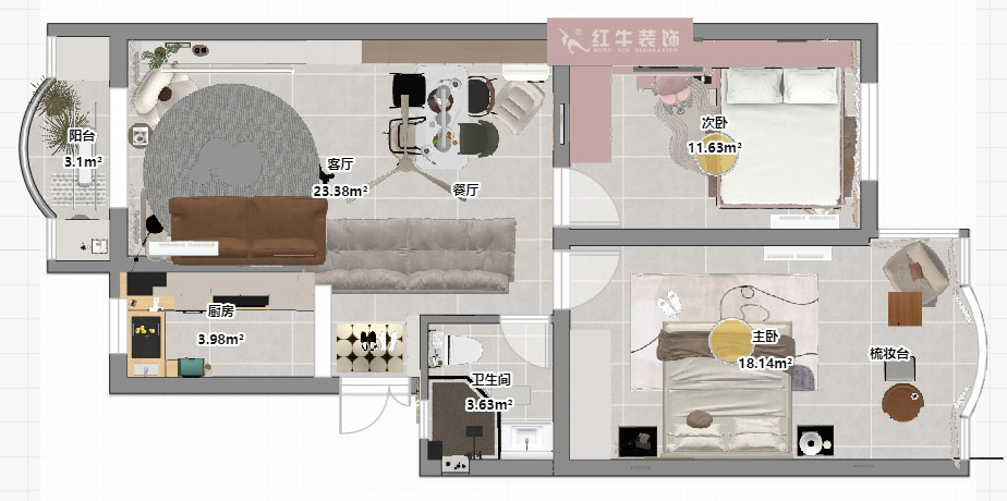 朱明琪｜紫薇花園2-302-72㎡-現(xiàn)代風(fēng)格｜2室2廳1衛(wèi)｜老房裝修｜定制家｜全包12萬｜00_03平面彩圖