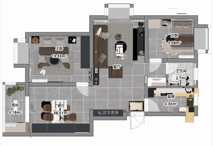 仇美蓉｜新建雅苑9-4-208-80㎡-簡約風格｜3室2廳1衛(wèi)｜老房裝修｜定制家｜全包10萬｜00_03平面彩圖